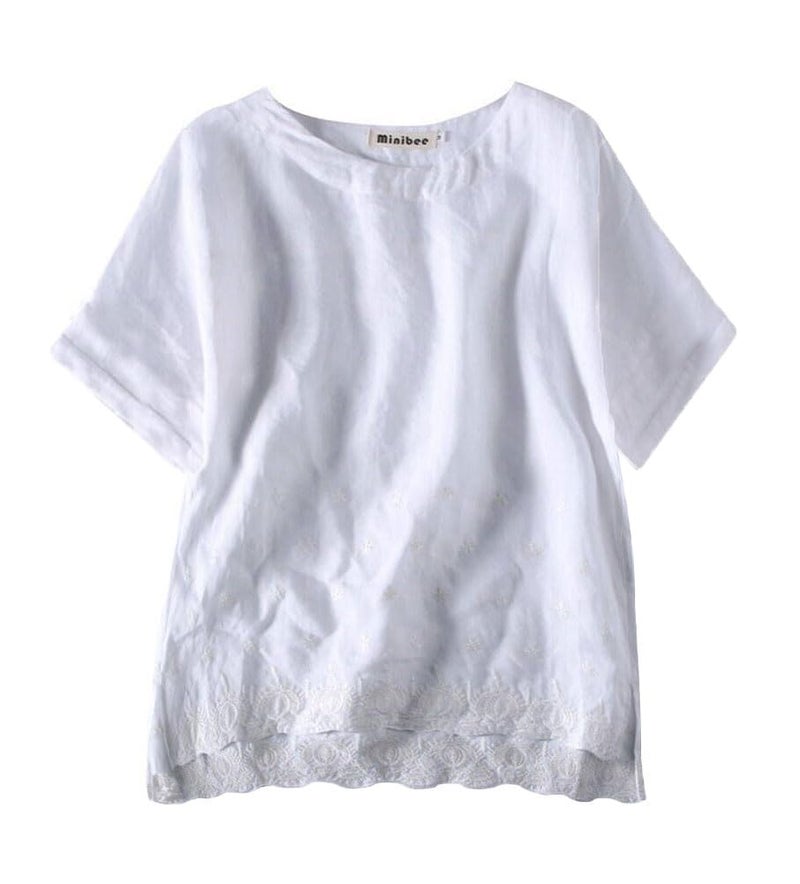 Minibee قميص تونك من الكتان الصيفي للنساء من ميني بي بقصة عالية ومنخفضة مع تطريز باللون الأبيض L - Image 1